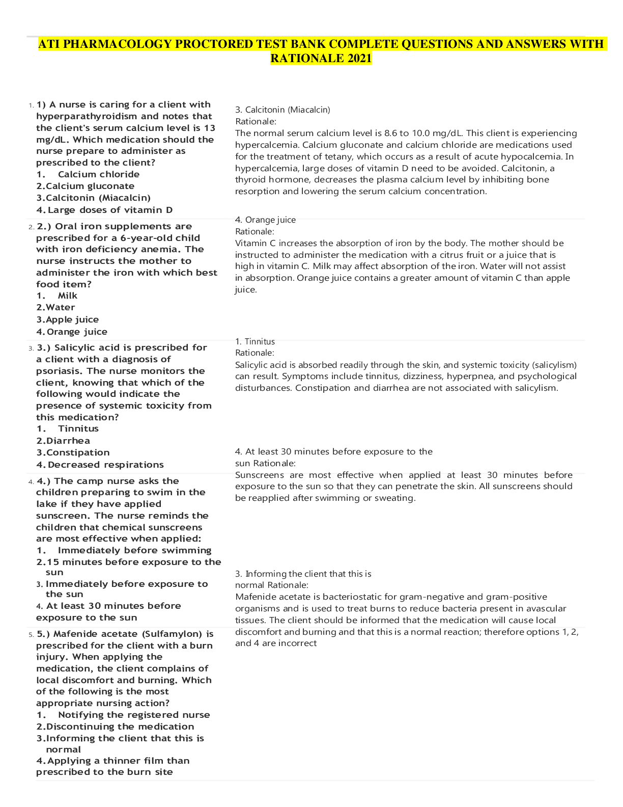 Preview of ATI Pharmacology Proctored Test Bank complete questions and answers with rationale docs 20